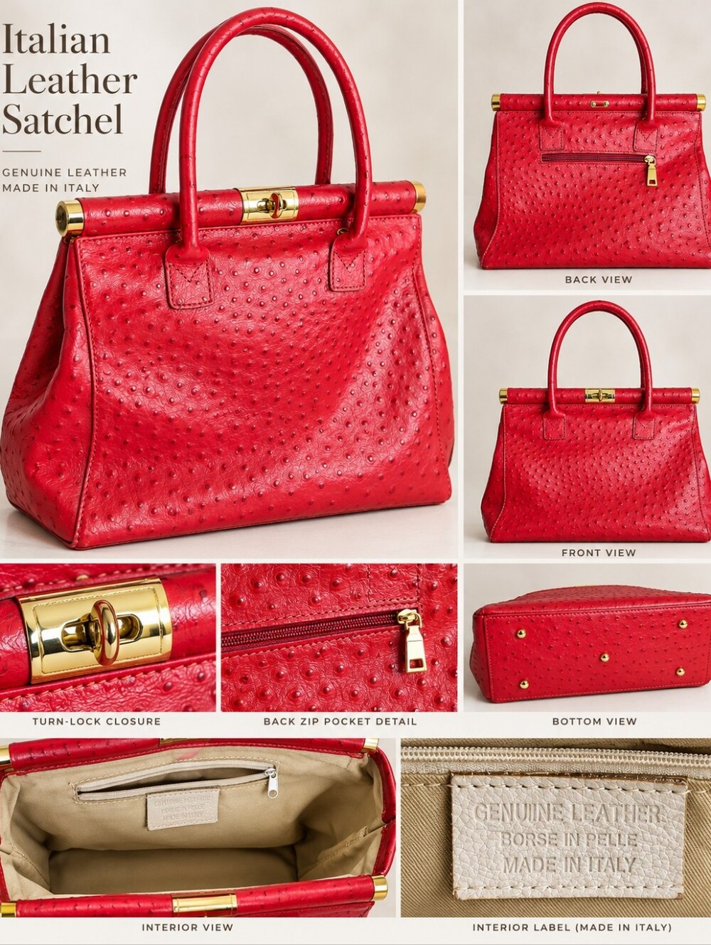 Made in Italy Red Ostrich Embossed Leather Satchel Bag Gold Hardware